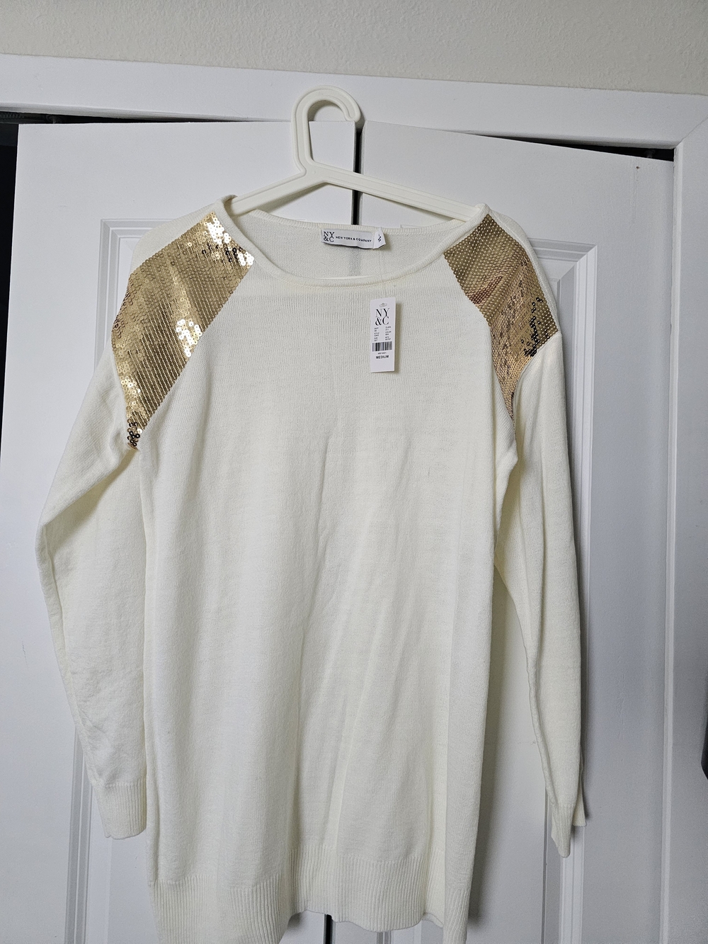 New York & Company Cream Sweater with Gold Sequin Shoulder